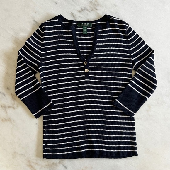 Lauren Ralph Lauren Petite Striped Knit Top 3/4 Sleeve Button Accent - Picture 1 of 7